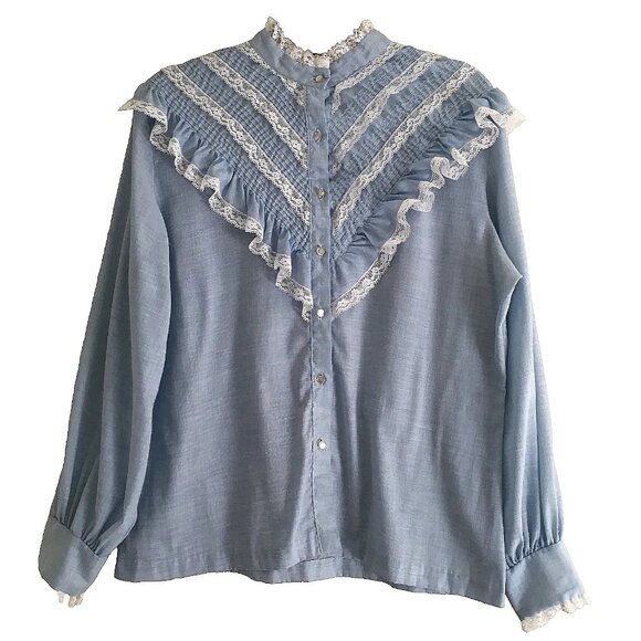Vintage 1970's Rhoda Lee Lace Trimmed Chambray Button-Up Prairie Blouse - Picture 2 of 10